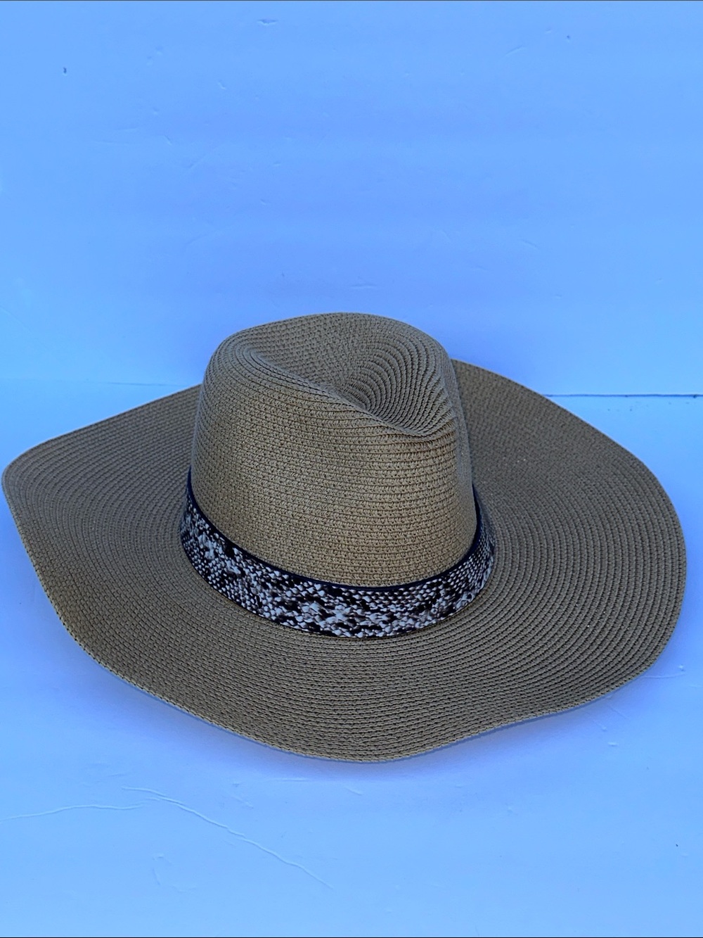 Wide Brim Straw Panama Hat with Patterned Band - Brown NWOT